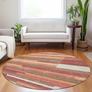 HomeRoots 8' Washable Round Rug in Coral, Taupe & Orange Stripes with UV Protection for High-Traffic Areas 664275