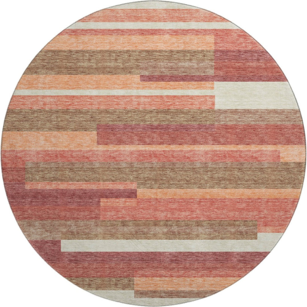 HomeRoots 8' Washable Round Rug in Coral, Taupe & Orange Stripes with UV Protection for High-Traffic Areas 664275