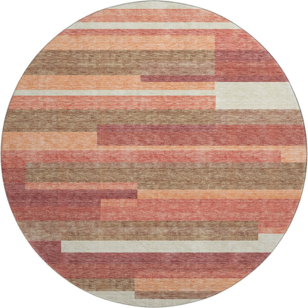 HomeRoots 8' Washable Round Rug in Coral, Taupe & Orange Stripes with UV Protection for High-Traffic Areas 664275