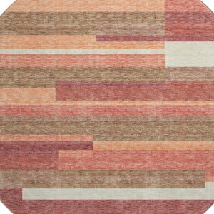 HomeRoots 8' Washable Round Rug in Coral, Taupe & Orange Stripes with UV Protection for High-Traffic Areas 664275