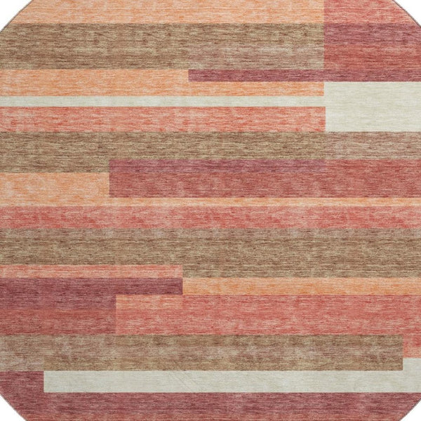 HomeRoots 8' Washable Round Rug in Coral, Taupe & Orange Stripes with UV Protection for High-Traffic Areas 664275
