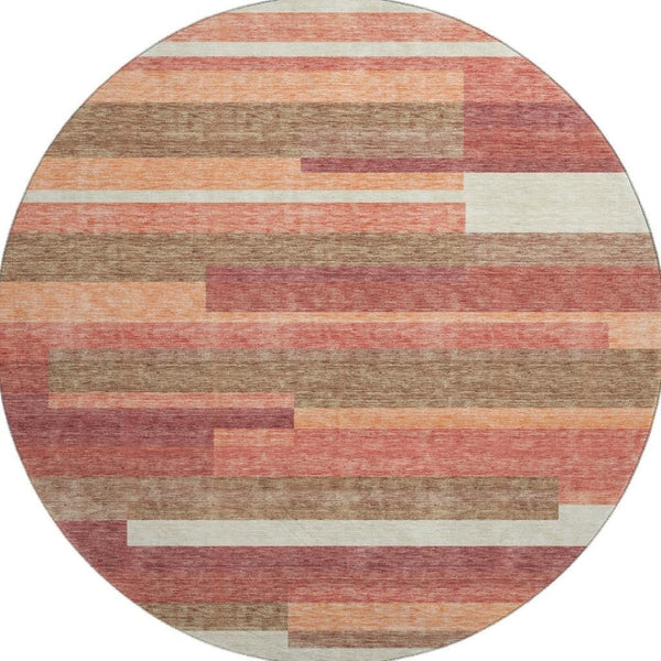 HomeRoots 8' Washable Round Rug in Coral, Taupe & Orange Stripes with UV Protection for High-Traffic Areas 664275