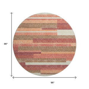 HomeRoots 8' Washable Round Rug in Coral, Taupe & Orange Stripes with UV Protection for High-Traffic Areas 664275