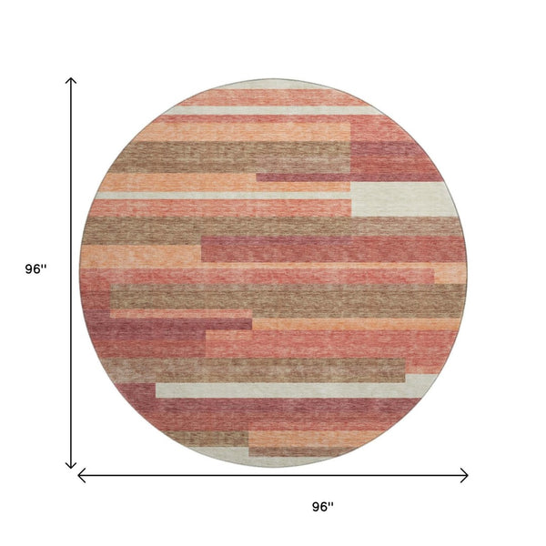 HomeRoots 8' Washable Round Rug in Coral, Taupe & Orange Stripes with UV Protection for High-Traffic Areas 664275