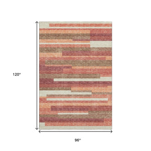 HomeRoots 8' X 10' Coral Taupe & Orange Striped Area Rug - Washable, UV-Protected, Perfect for Families & Pets 664276
