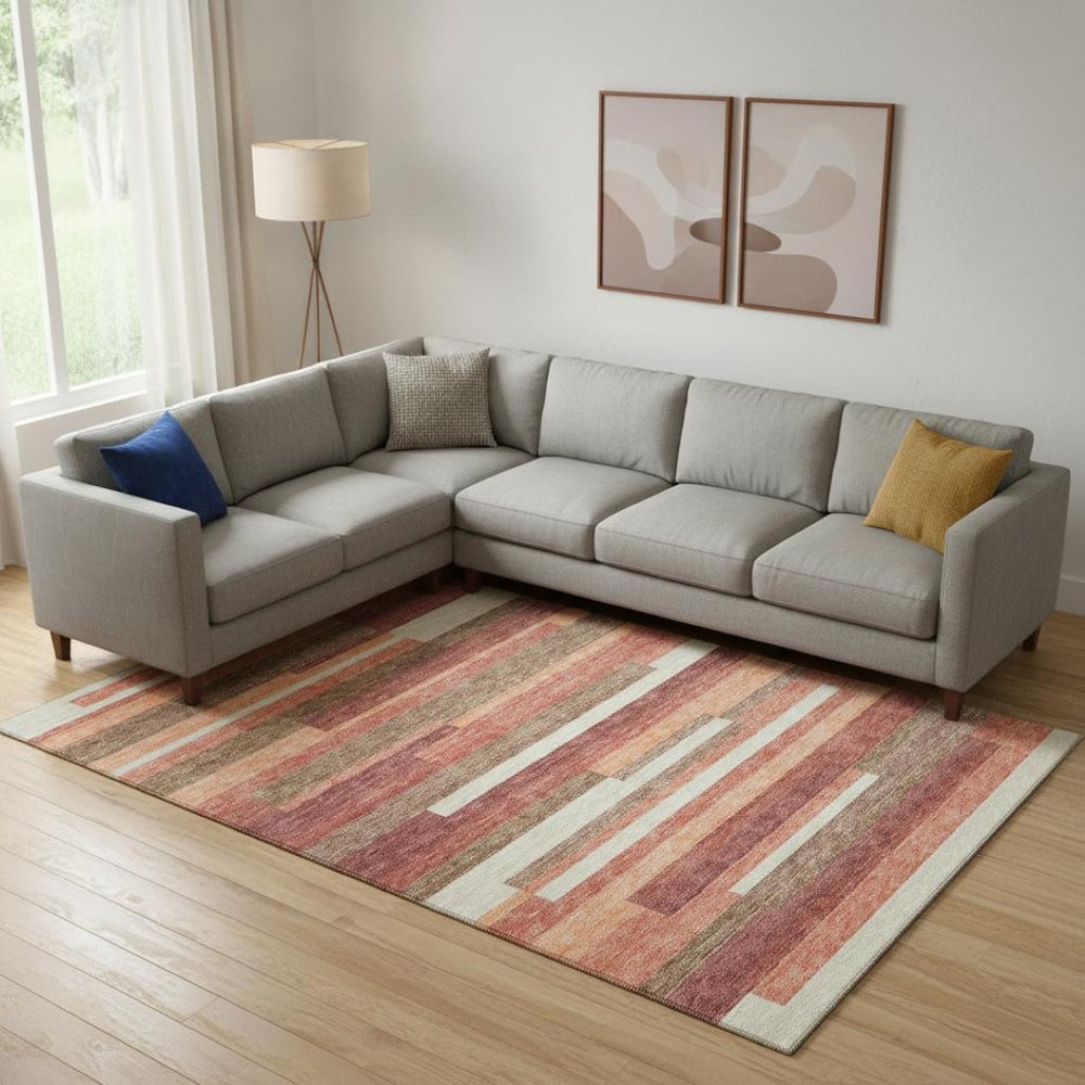 HomeRoots 8' X 10' Coral Taupe & Orange Striped Area Rug - Washable, UV-Protected, Perfect for Families & Pets 664276