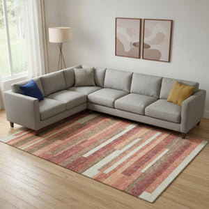 HomeRoots 8' X 10' Coral Taupe & Orange Striped Area Rug - Washable, UV-Protected, Perfect for Families & Pets 664276