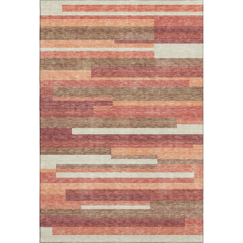 HomeRoots 8' X 10' Coral Taupe & Orange Striped Area Rug - Washable, UV-Protected, Perfect for Families & Pets 664276