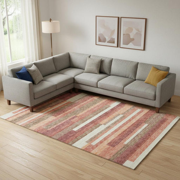 HomeRoots 10' X 14' Coral Taupe & Orange Striped Washable Area Rug - UV Protected, Durable & Stain Resistant 664278