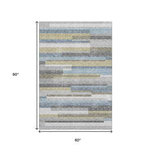HomeRoots 5' X 8' Striped Gray Blue and Ivory Washable Area Rug with UV Protection for Stylish Living Spaces 664280