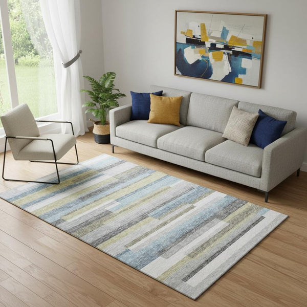 HomeRoots 5' X 8' Striped Gray Blue and Ivory Washable Area Rug with UV Protection for Stylish Living Spaces 664280