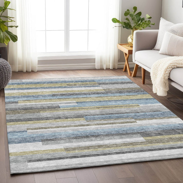 HomeRoots 5' X 8' Striped Gray Blue and Ivory Washable Area Rug with UV Protection for Stylish Living Spaces 664280