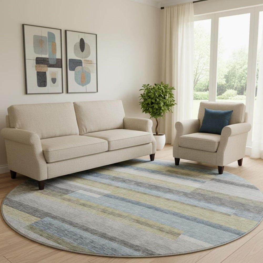 HomeRoots 8' Gray Blue Striped Round Rug - Washable, UV Protected, Stylish & Durable for High-Traffic Areas 664281