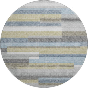 HomeRoots 8' Gray Blue Striped Round Rug - Washable, UV Protected, Stylish & Durable for High-Traffic Areas 664281