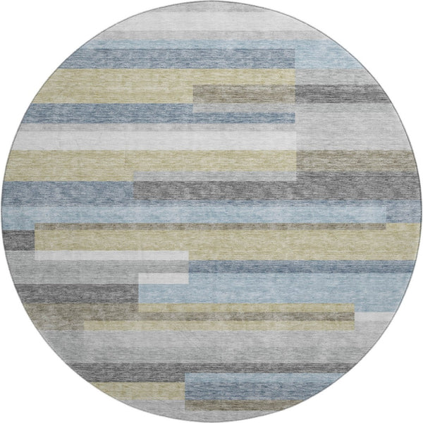 HomeRoots 8' Gray Blue Striped Round Rug - Washable, UV Protected, Stylish & Durable for High-Traffic Areas 664281