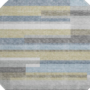 HomeRoots 8' Gray Blue Striped Round Rug - Washable, UV Protected, Stylish & Durable for High-Traffic Areas 664281