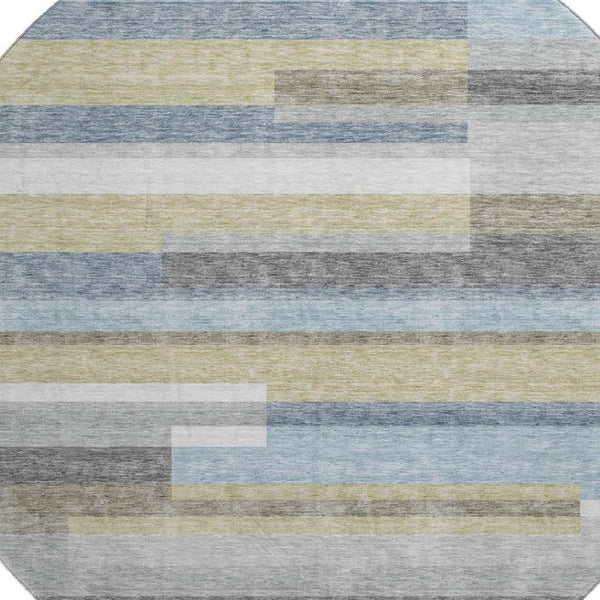 HomeRoots 8' Gray Blue Striped Round Rug - Washable, UV Protected, Stylish & Durable for High-Traffic Areas 664281