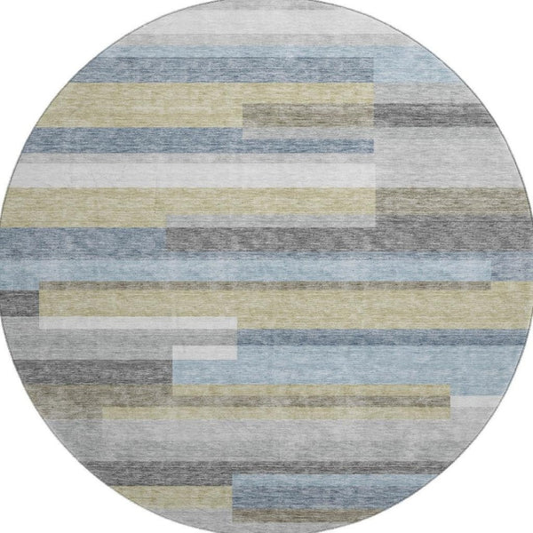 HomeRoots 8' Gray Blue Striped Round Rug - Washable, UV Protected, Stylish & Durable for High-Traffic Areas 664281