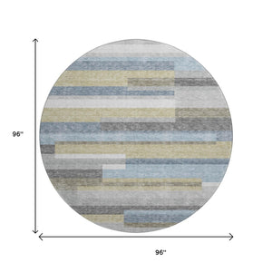 HomeRoots 8' Gray Blue Striped Round Rug - Washable, UV Protected, Stylish & Durable for High-Traffic Areas 664281