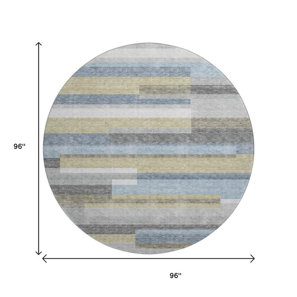 HomeRoots 8' Gray Blue Striped Round Rug - Washable, UV Protected, Stylish & Durable for High-Traffic Areas 664281