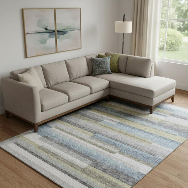 HomeRoots 8' X 10' Stylish Gray-Blue and Ivory Striped Area Rug - Washable, UV Protected, Durable, Easy Care! 664282