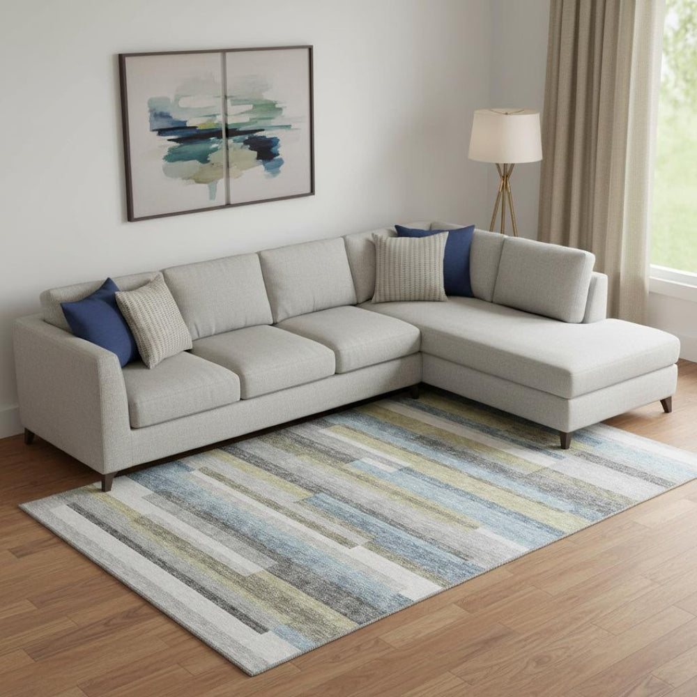 HomeRoots 9' Striped Gray Blue and Ivory Washable Area Rug - Durable, UV Protected for Indoor and Outdoor Use 664283