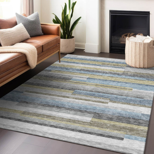 HomeRoots 9' Striped Gray Blue and Ivory Washable Area Rug - Durable, UV Protected for Indoor and Outdoor Use 664283