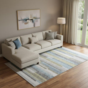 HomeRoots 10' X 14' Gray Blue and Ivory Striped Area Rug - UV Protected, Washable, Ideal for Family Spaces! 664284