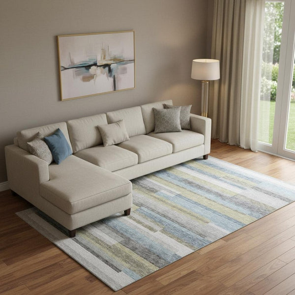 HomeRoots 10' X 14' Gray Blue and Ivory Striped Area Rug - UV Protected, Washable, Ideal for Family Spaces! 664284