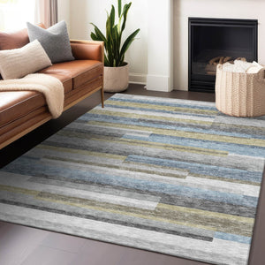 HomeRoots 10' X 14' Gray Blue and Ivory Striped Area Rug - UV Protected, Washable, Ideal for Family Spaces! 664284
