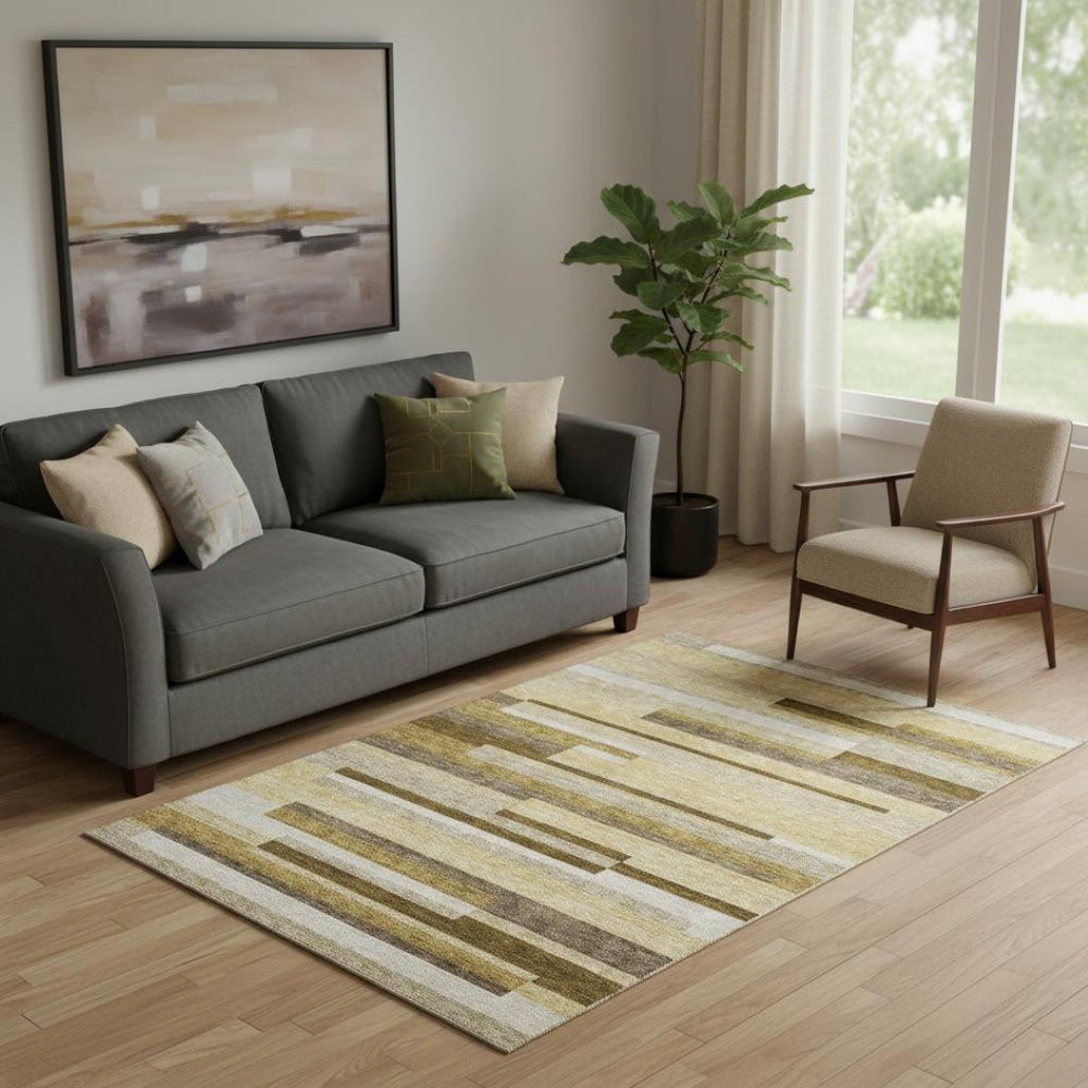 HomeRoots 5' X 8' Stylish Khaki Taupe and Gold Striped Washable Area Rug with UV Protection for High Traffic Areas 664286