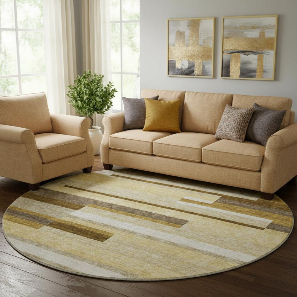 HomeRoots 8' Khaki Taupe and Gold Striped Round Rug - Stylish, Washable, UV-Protected for Indoor/Outdoor Use 664287