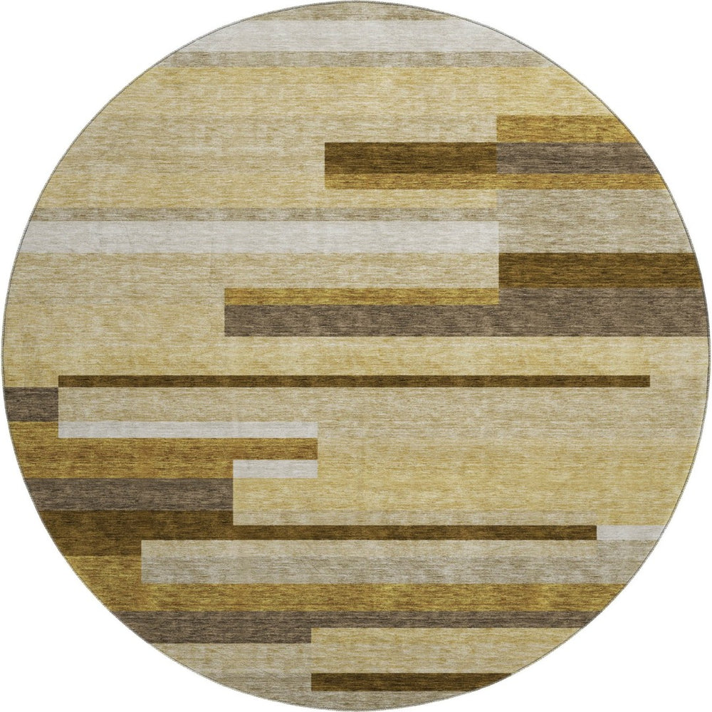 HomeRoots 8' Khaki Taupe and Gold Striped Round Rug - Stylish, Washable, UV-Protected for Indoor/Outdoor Use 664287