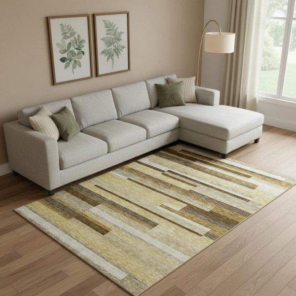 HomeRoots 8' X 10' Stylish Khaki Taupe & Gold Striped Area Rug - Washable, UV Resistant, Perfect for High-Traffic Homes! 664288