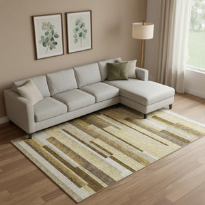 HomeRoots 9' X 12' Khaki Taupe and Gold Striped Area Rug - Washable, UV Protected, Durable for Busy Homes 664289