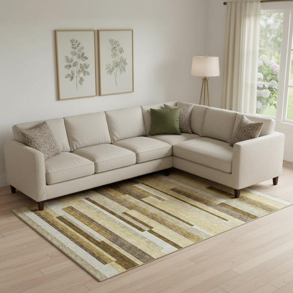 HomeRoots 10' Khaki Taupe & Gold Striped Area Rug - Oversized, Washable, UV Protected for Homes with Kids & Pets 664290