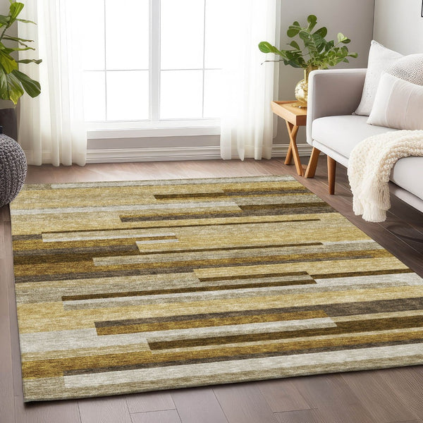 HomeRoots 10' Khaki Taupe & Gold Striped Area Rug - Oversized, Washable, UV Protected for Homes with Kids & Pets 664290