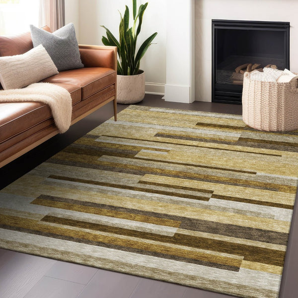 HomeRoots 10' Khaki Taupe & Gold Striped Area Rug - Oversized, Washable, UV Protected for Homes with Kids & Pets 664290