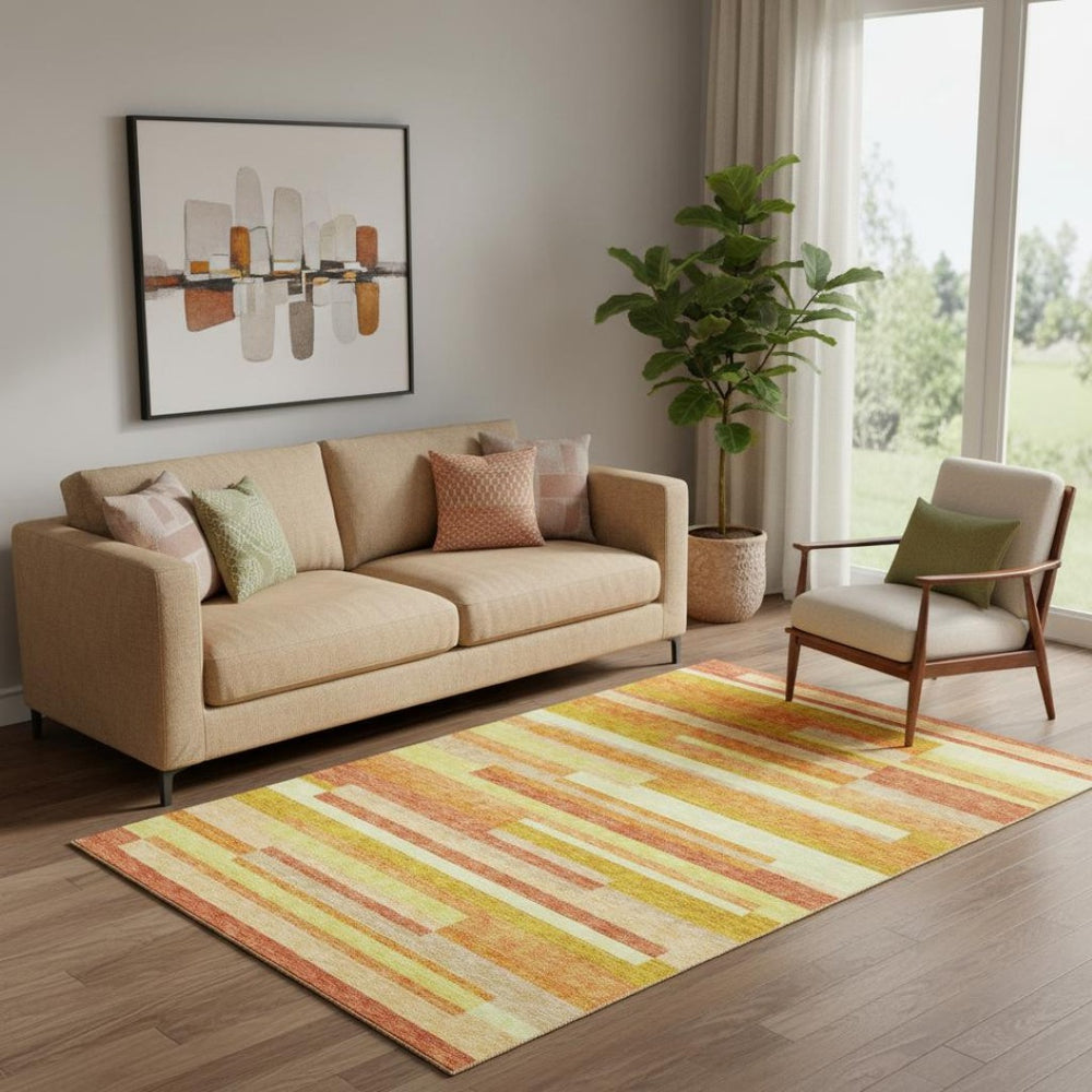 HomeRoots 5' X 8' Striped Area Rug in Orange & Gold – Washable, UV Protected, Stain Resistant for Busy Homes! 664292