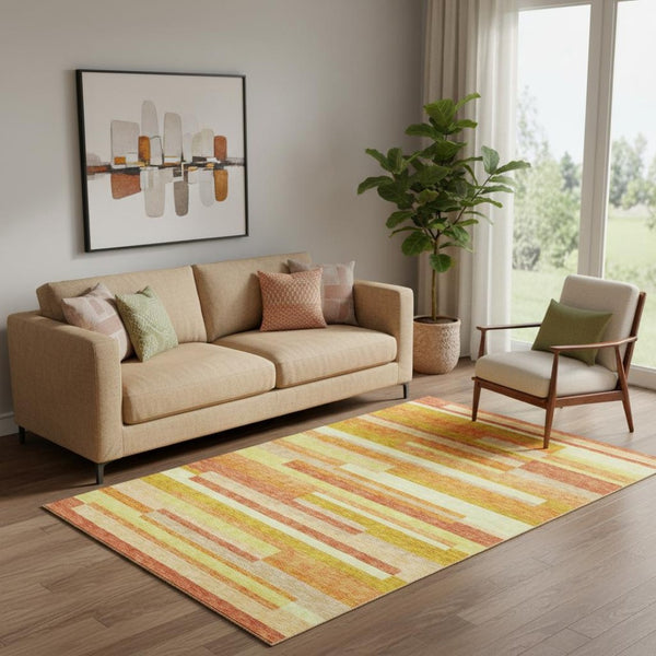 HomeRoots 5' X 8' Striped Area Rug in Orange & Gold – Washable, UV Protected, Stain Resistant for Busy Homes! 664292