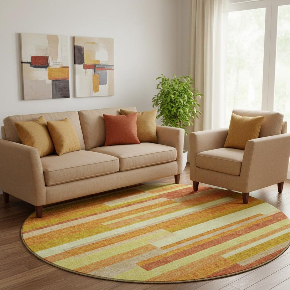 HomeRoots 8' Washable Round Rug in Orange and Gold Stripes – UV-Protected, Durable, Perfect for Busy Homes! 664293