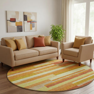 HomeRoots 8' Washable Round Rug in Orange and Gold Stripes – UV-Protected, Durable, Perfect for Busy Homes! 664293