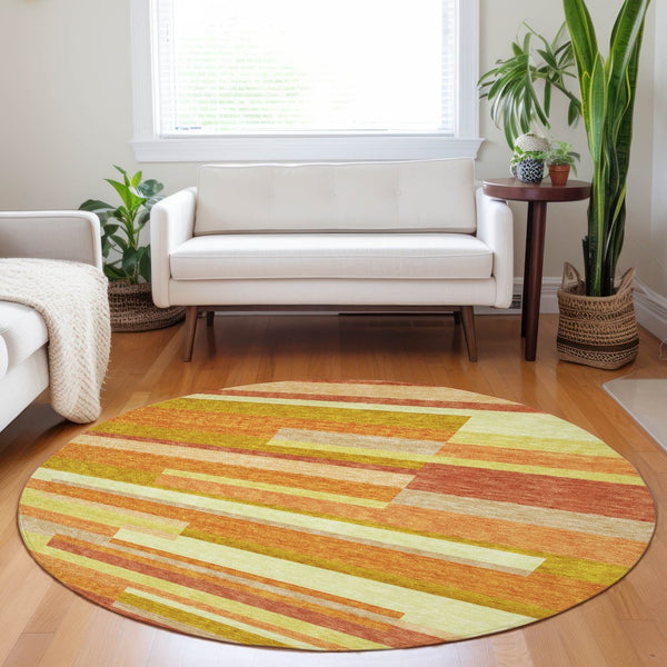 HomeRoots 8' Washable Round Rug in Orange and Gold Stripes – UV-Protected, Durable, Perfect for Busy Homes! 664293
