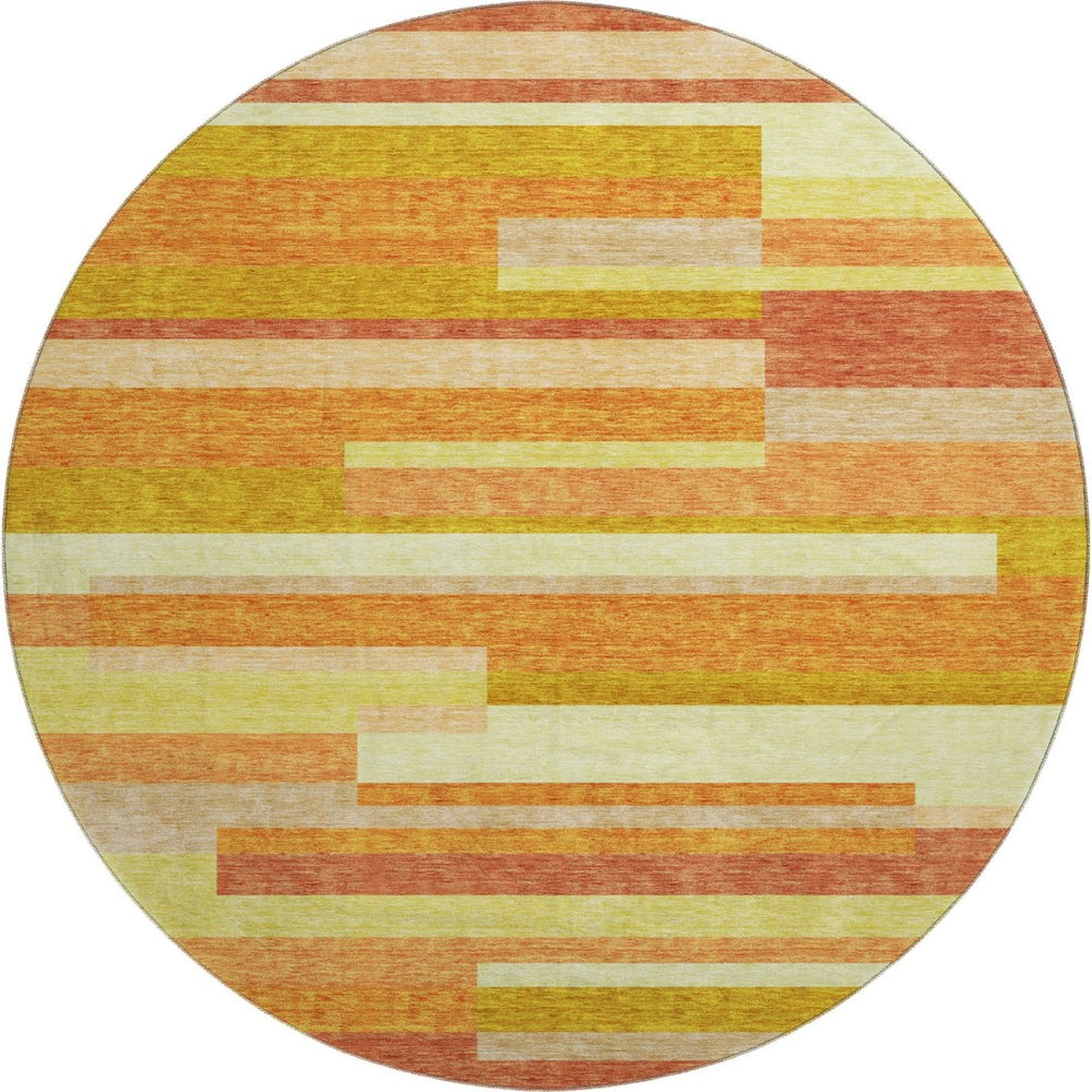 HomeRoots 8' Washable Round Rug in Orange and Gold Stripes – UV-Protected, Durable, Perfect for Busy Homes! 664293