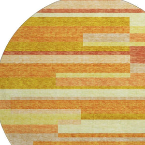HomeRoots 8' Washable Round Rug in Orange and Gold Stripes – UV-Protected, Durable, Perfect for Busy Homes! 664293