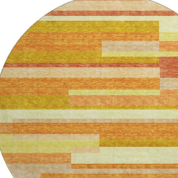 HomeRoots 8' Washable Round Rug in Orange and Gold Stripes – UV-Protected, Durable, Perfect for Busy Homes! 664293