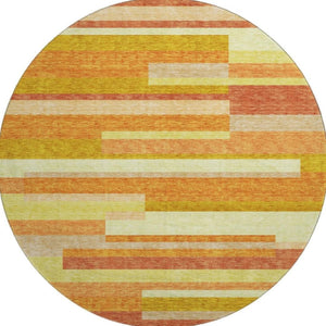 HomeRoots 8' Washable Round Rug in Orange and Gold Stripes – UV-Protected, Durable, Perfect for Busy Homes! 664293