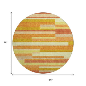 HomeRoots 8' Washable Round Rug in Orange and Gold Stripes – UV-Protected, Durable, Perfect for Busy Homes! 664293