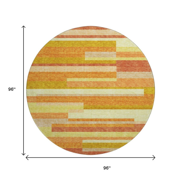 HomeRoots 8' Washable Round Rug in Orange and Gold Stripes – UV-Protected, Durable, Perfect for Busy Homes! 664293
