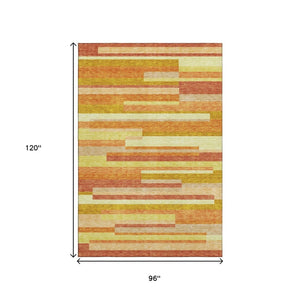 HomeRoots 8' X 10' Vibrant Orange & Gold Striped Area Rug - Washable, UV Protected & Perfect for High-Traffic Homes 664294